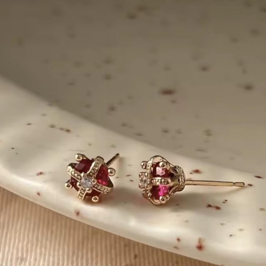 18 Kt Over Sterling Silver Gold Ruby Crown Stud Earrings
